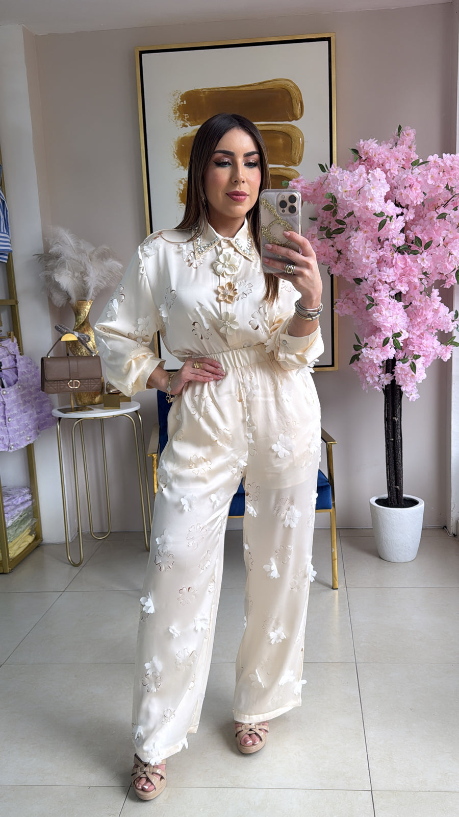 Cream Flowers Pant Set