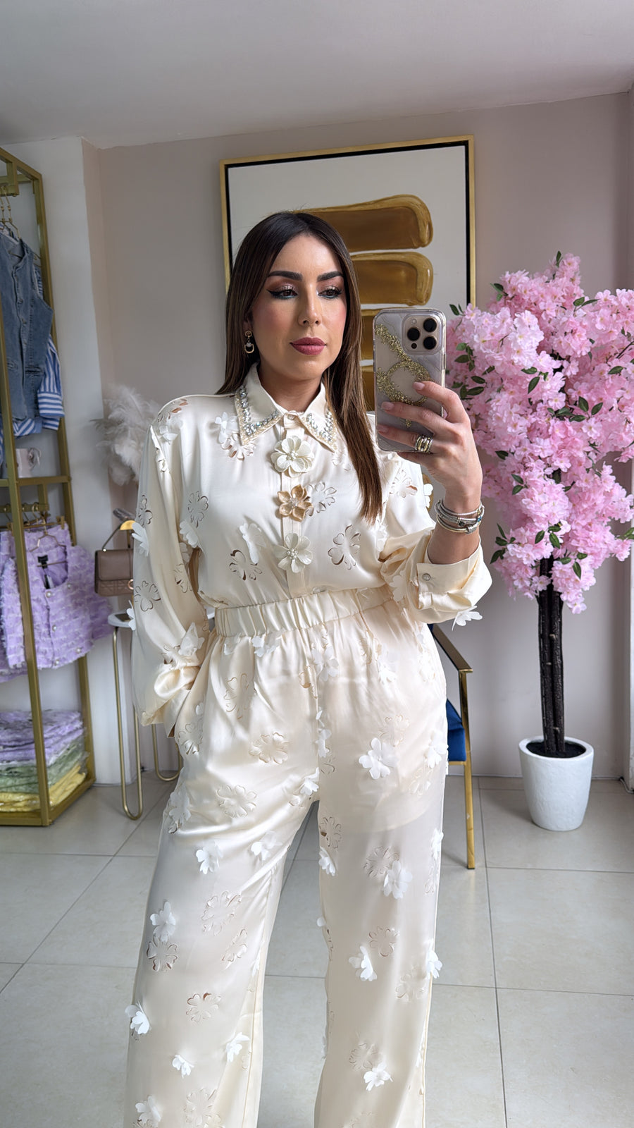 Cream Flowers Pant Set