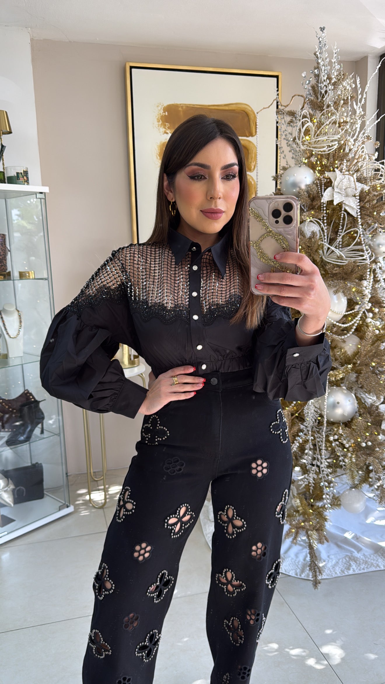 Black Pearls Flower Jeans