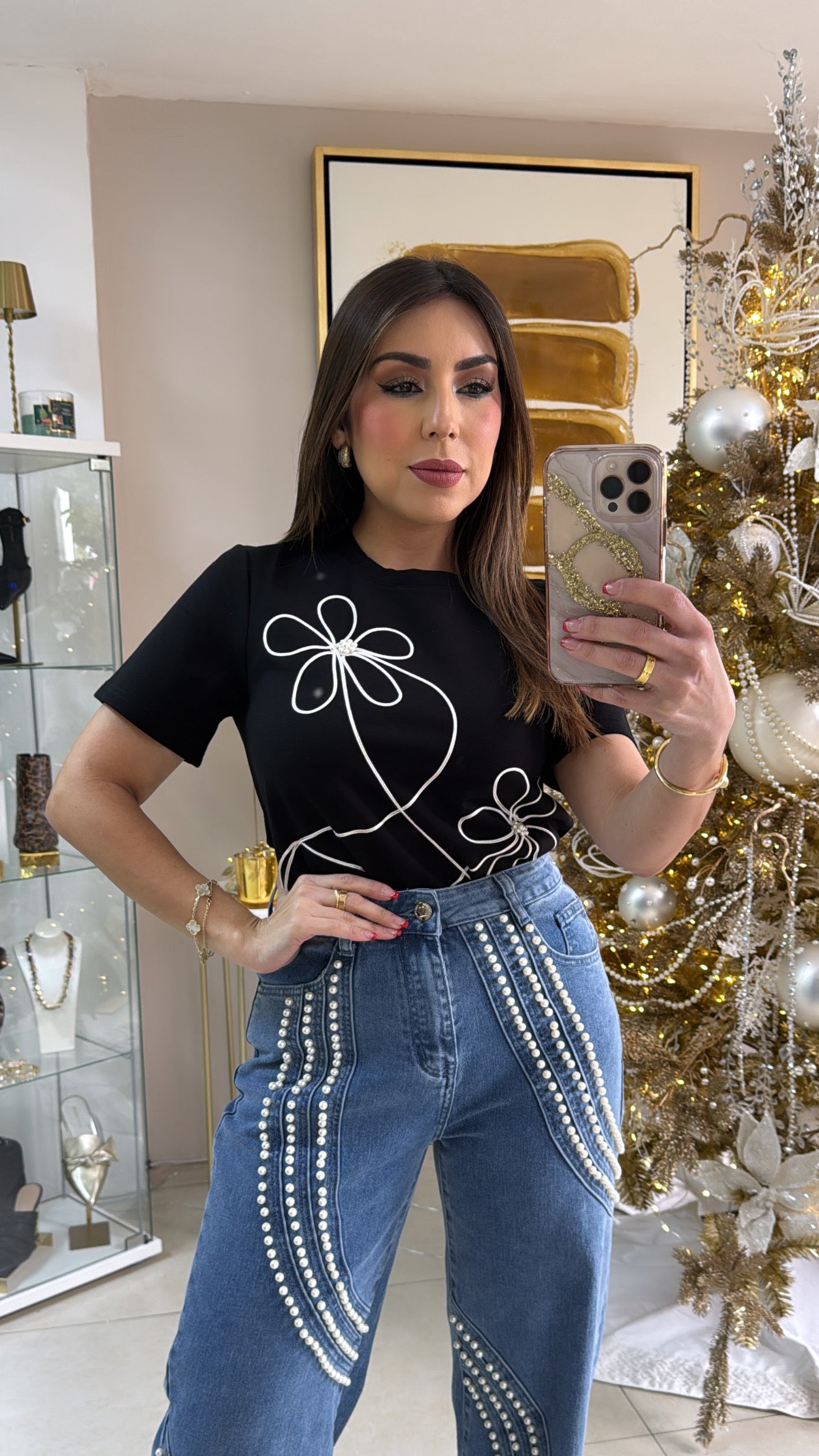 Black Flower Pearl Top