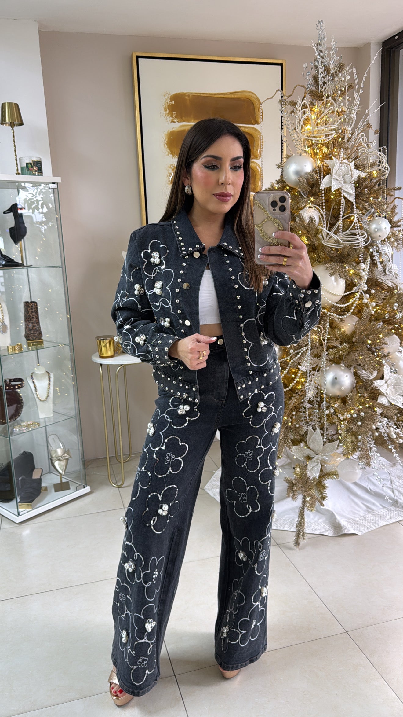 Dark Denim Pant Flower Set