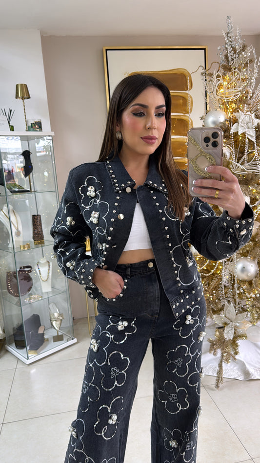 Dark Denim Pant Flower Set