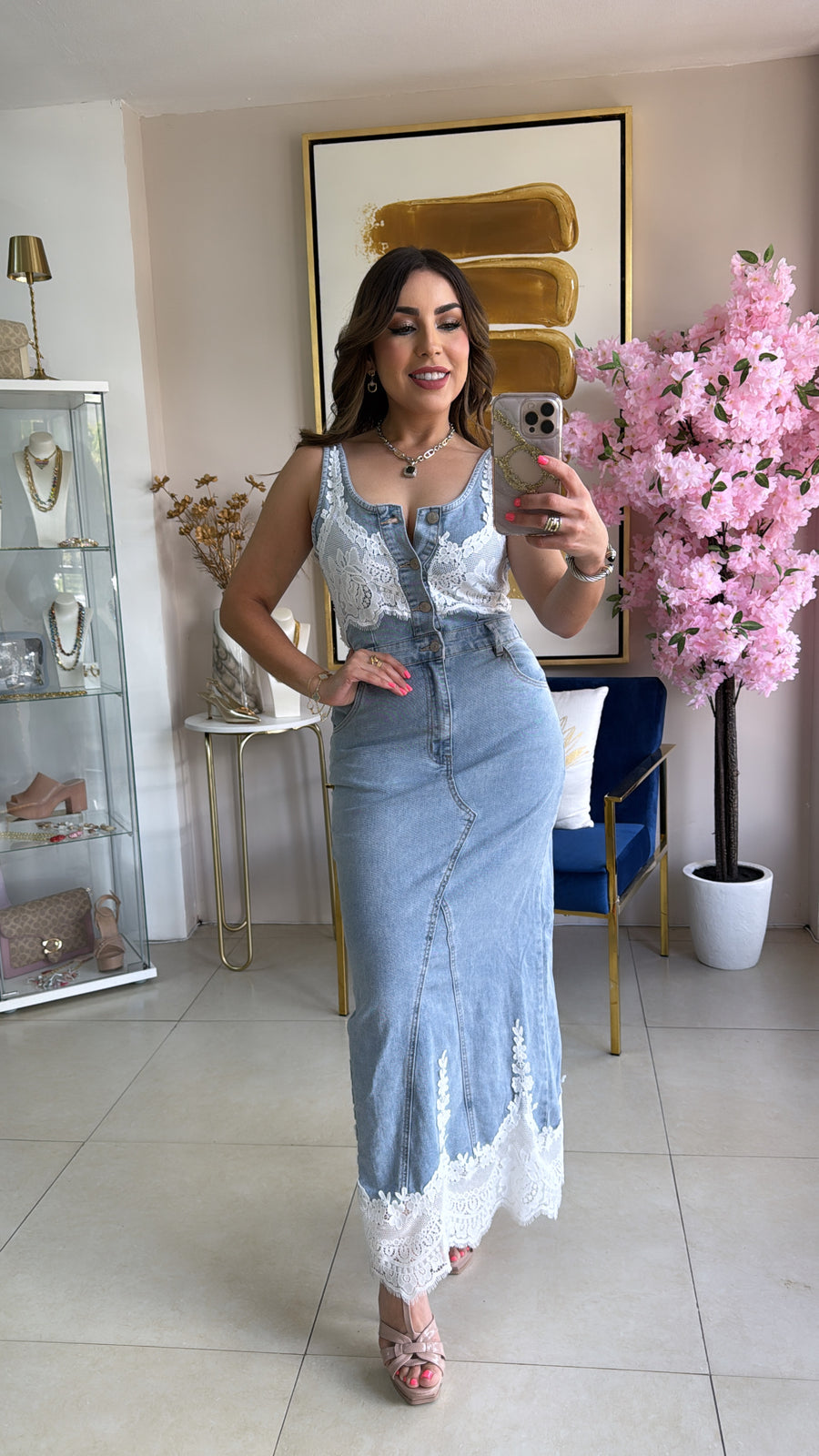 Denim & Lace Midi Dress