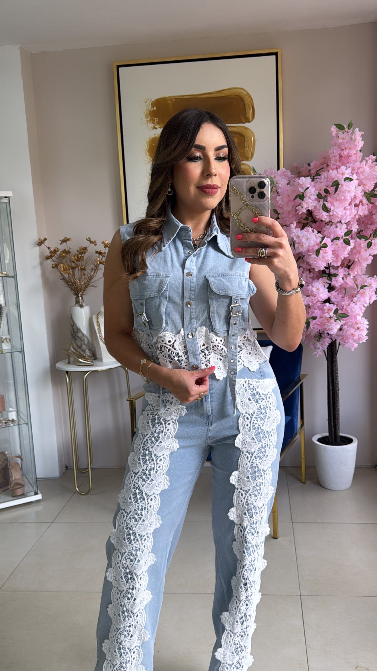 Denim & Lace Pant Set