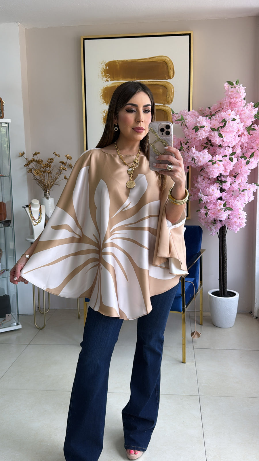 Flower Satin Gold Tunic Top