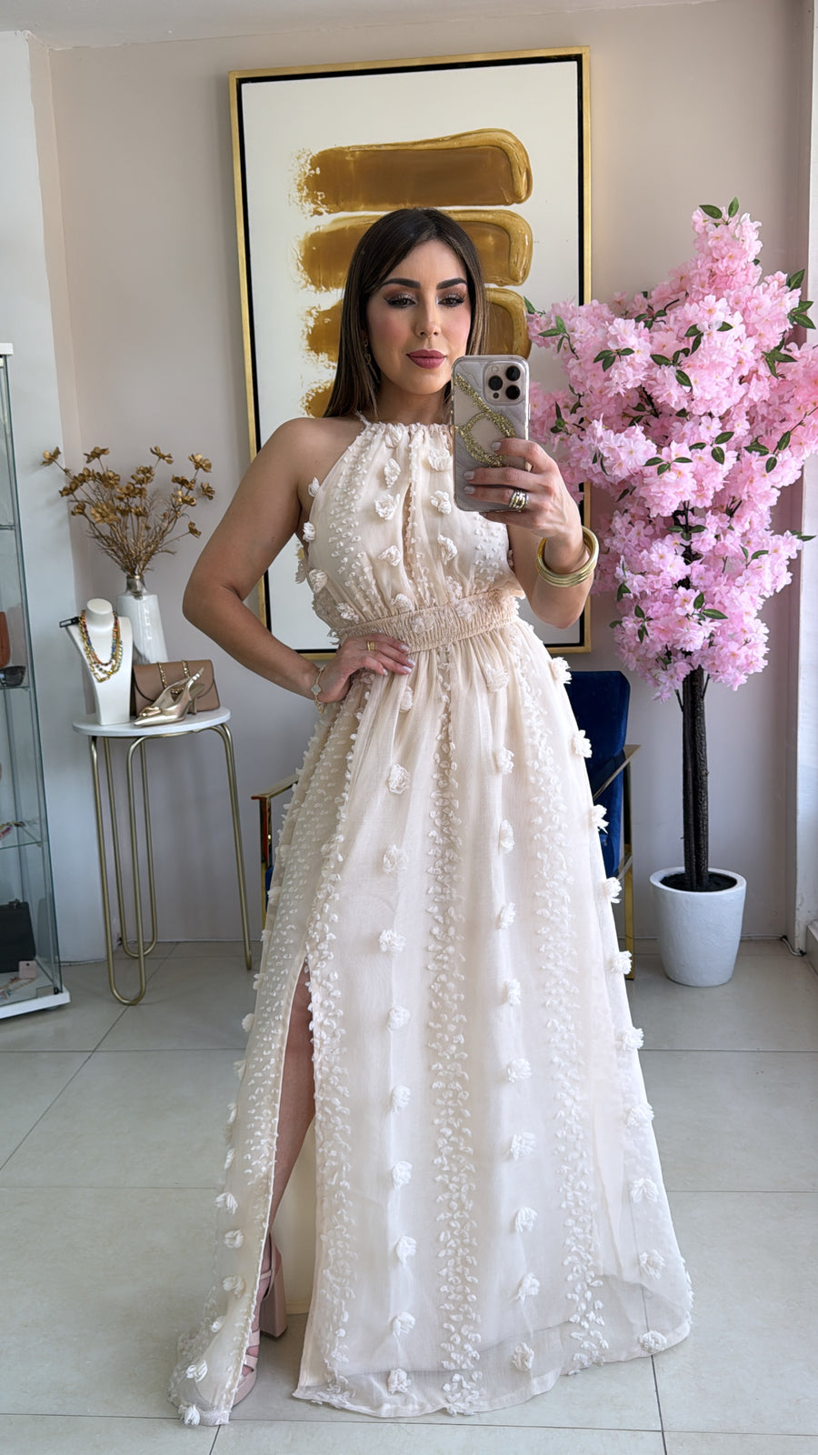 Cream 3D Flower Dress