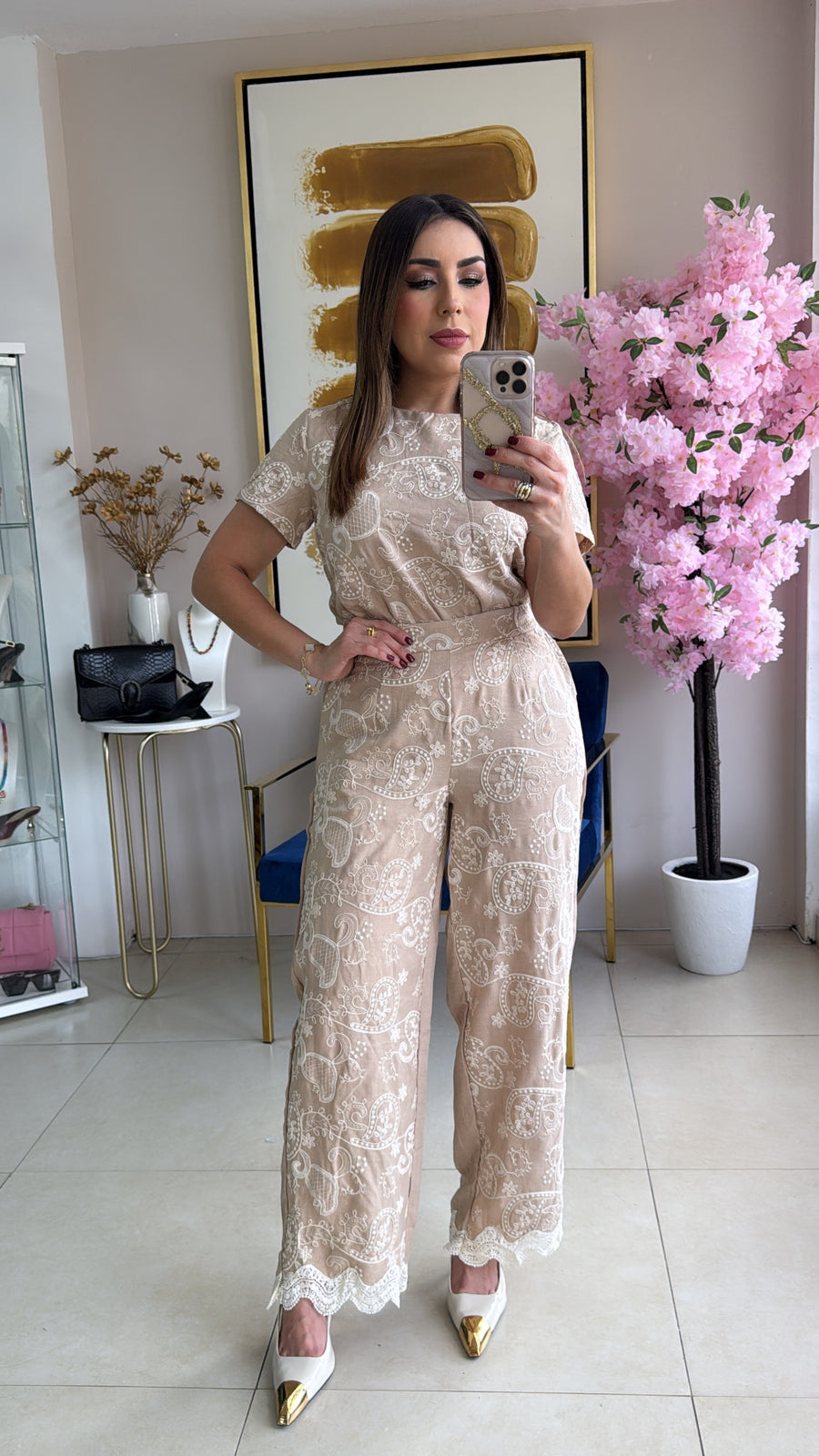 Cream Embroidery Pant Set