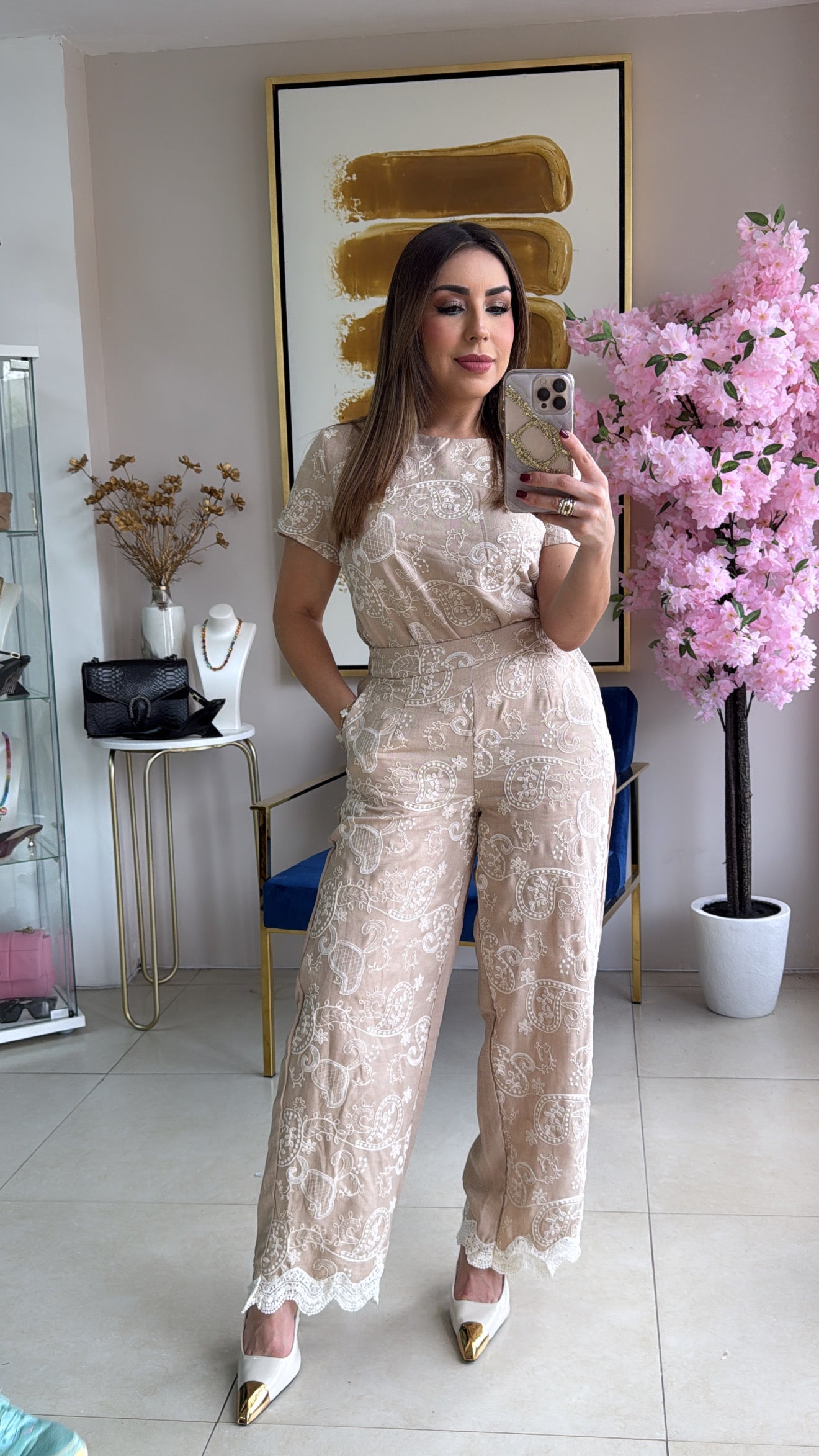 Cream Embroidery Pant Set