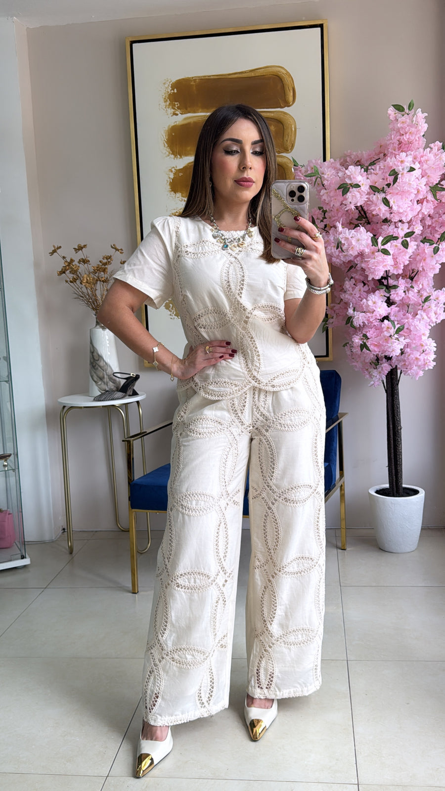 Embroidery Cream Top & Pant Set