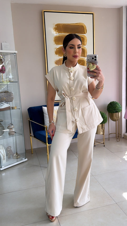 Cream Flower Pant Set