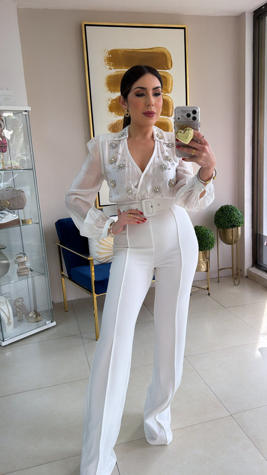 White Rhinestones Jumpsuit