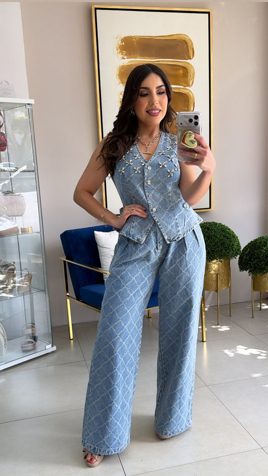 Denim & Rhinestones Pant Set