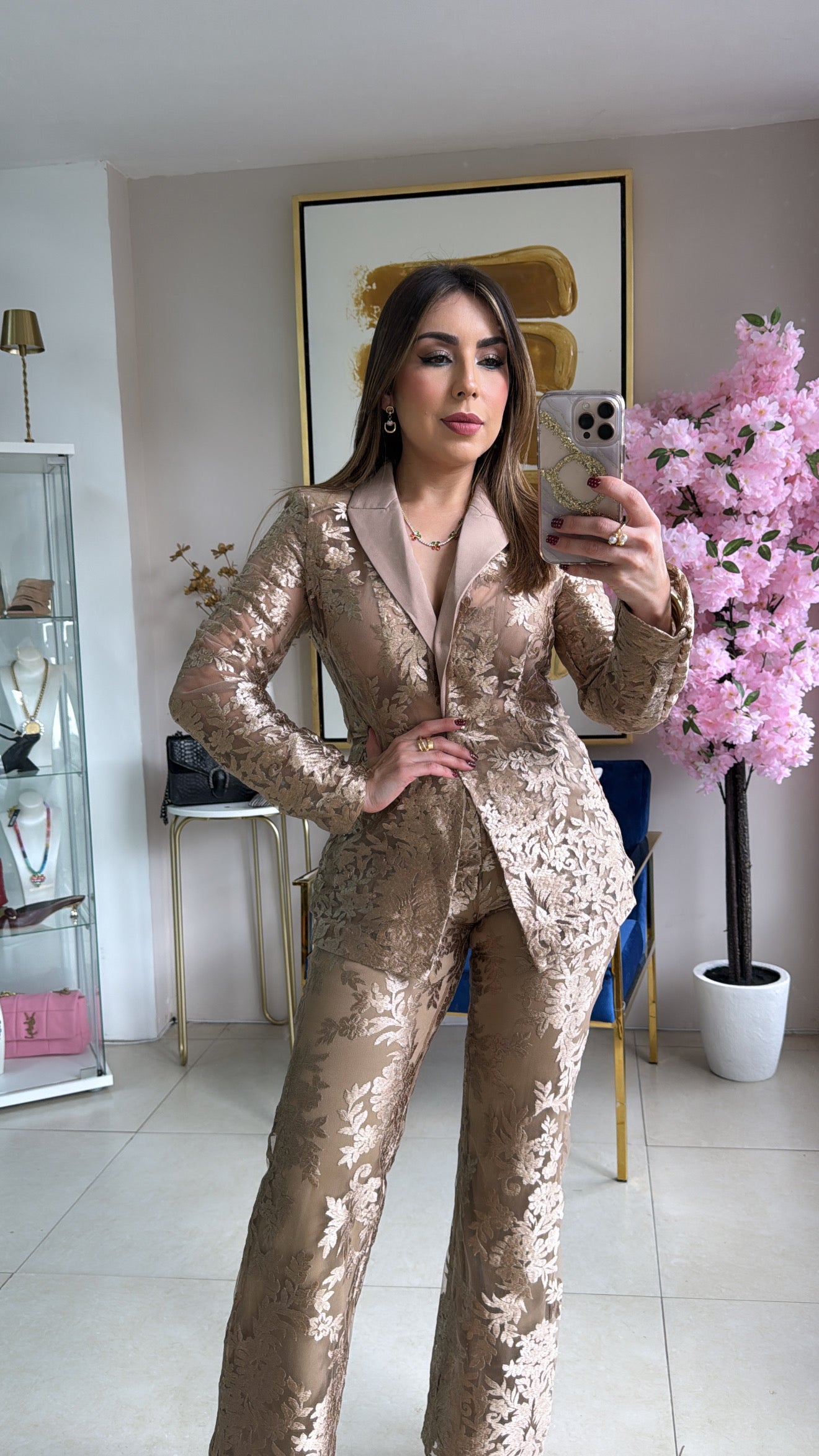 Embroidery Satin Blazer Set