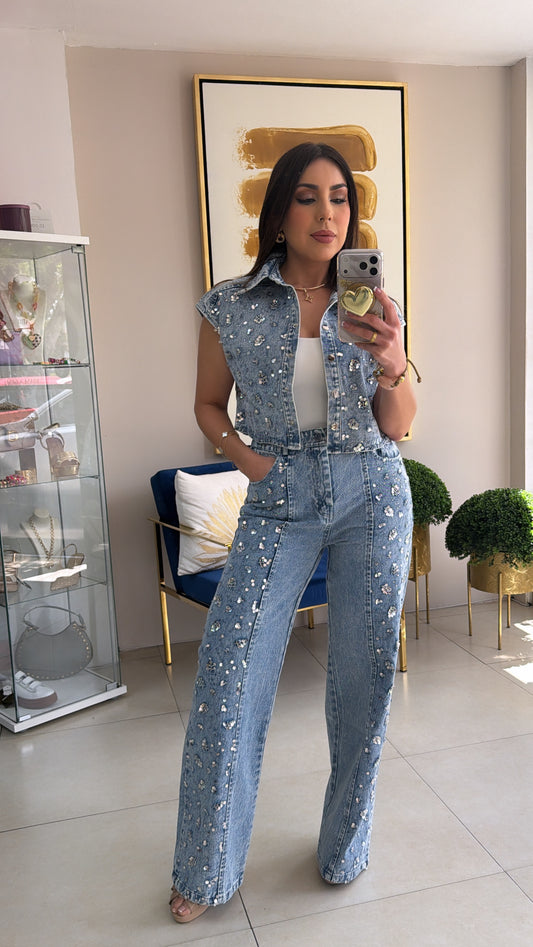 Silver Sequins Denim Set