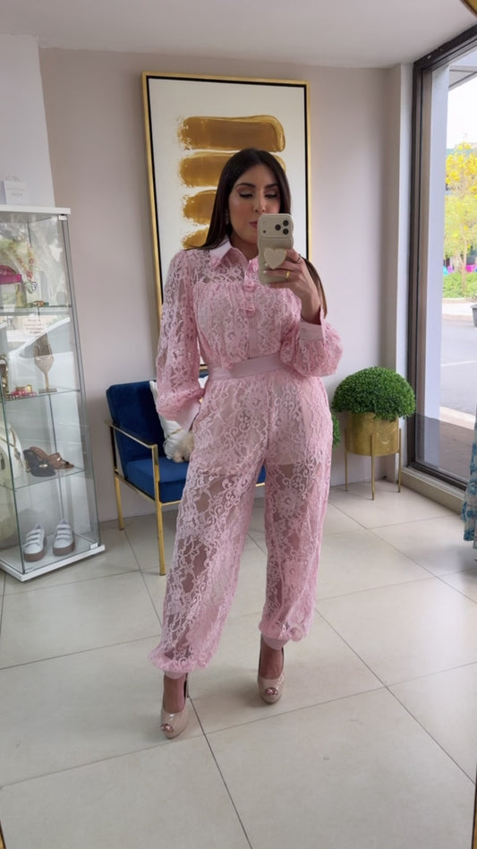 Pink Lace Jogger Set