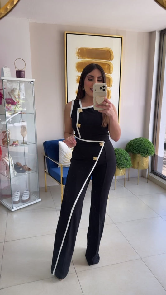 Black White Gold Buttons Jumpsuit