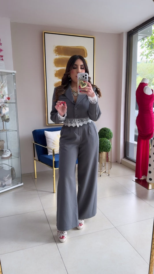 Grey Lace Blazer Set