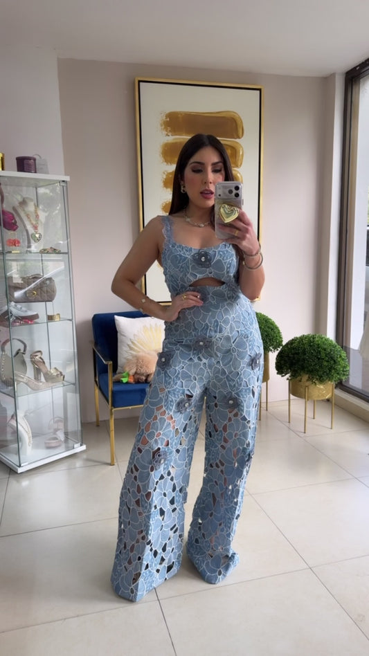 Crochet Embroidery Blue Jumpsuit