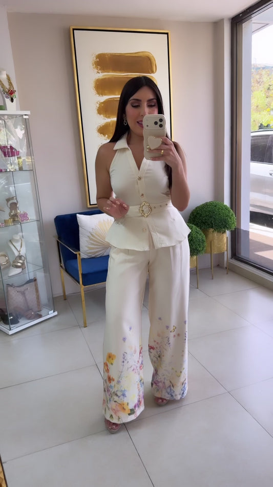 Cream Floral Pant Set