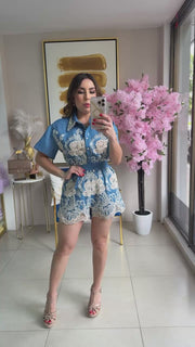 Denim Embroidery Short Set