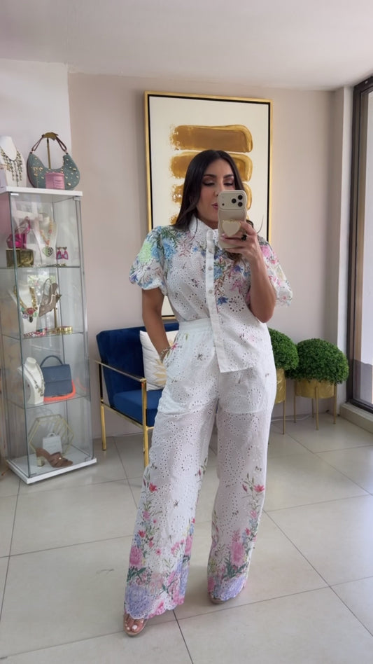 Floral Eyelet Pant Set