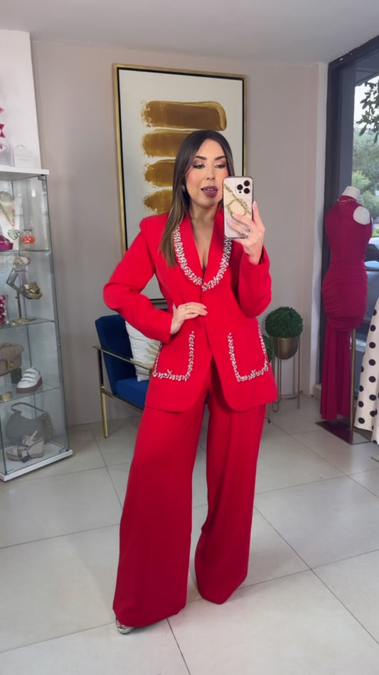 Red Rhinestones Blazer Set