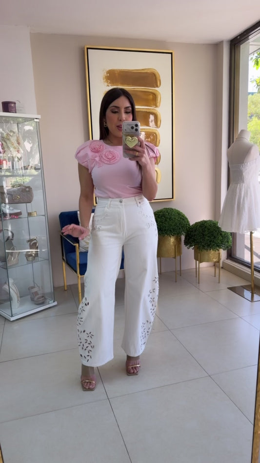 White Barrel Embroidered Jean