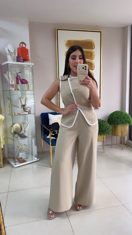 Taupe and White Vest Set