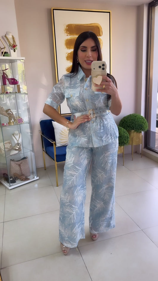 Blue Embroidered Pant Set