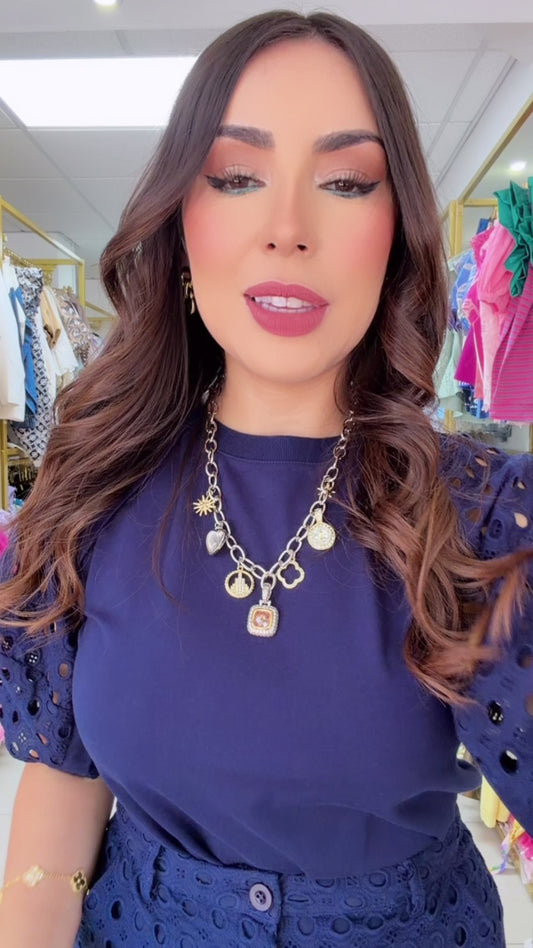 Navy Eyelet Top