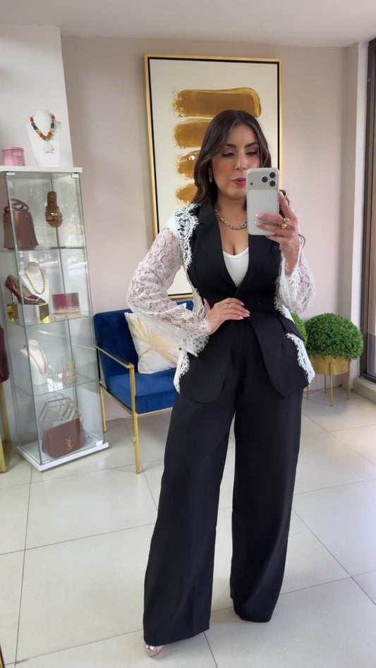 Black Blazer White Lace Set