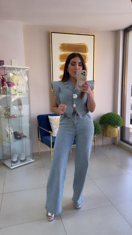 Denim Rhinestones Pant Set