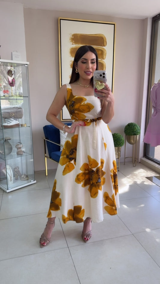Mustard Floral Midi Dress