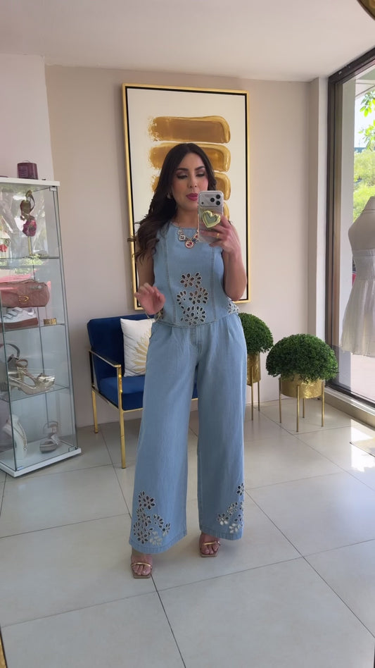 Denim Eyelet Pant Set