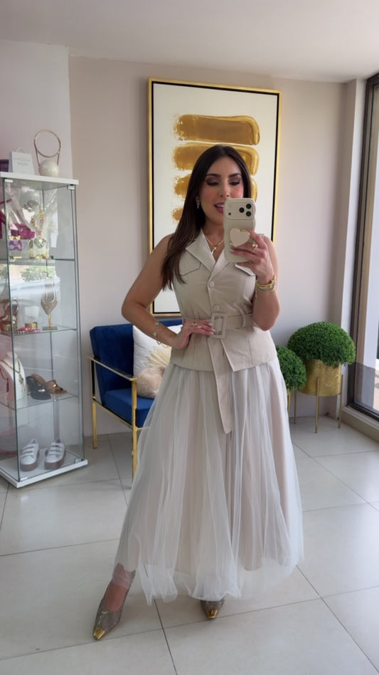Beige Vest & Skirt Set