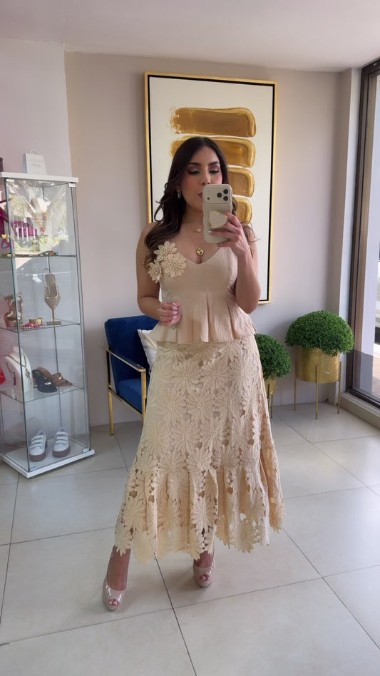 Beige Crochet Skirt Set
