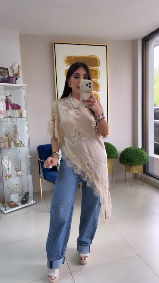 Beige One Shoulder Floral Top