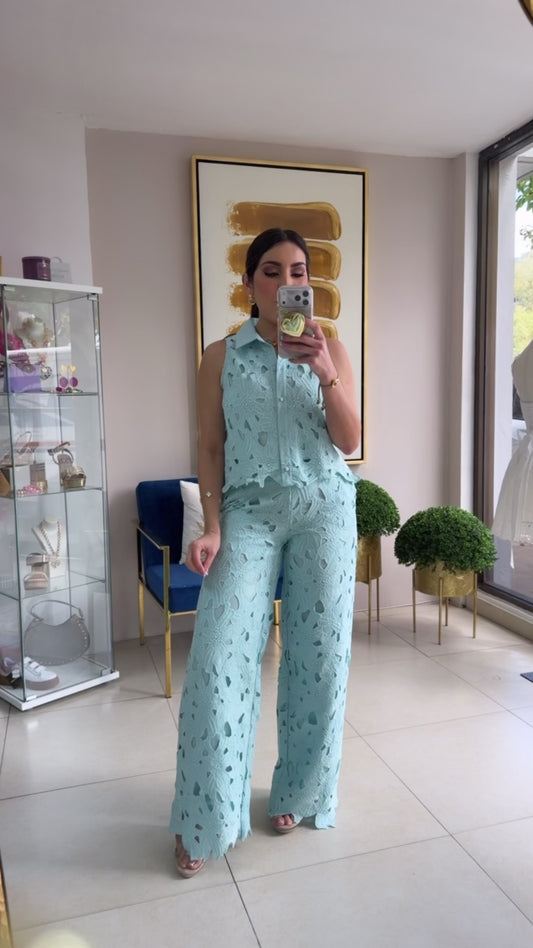 Turquiose Crochet Pant Set