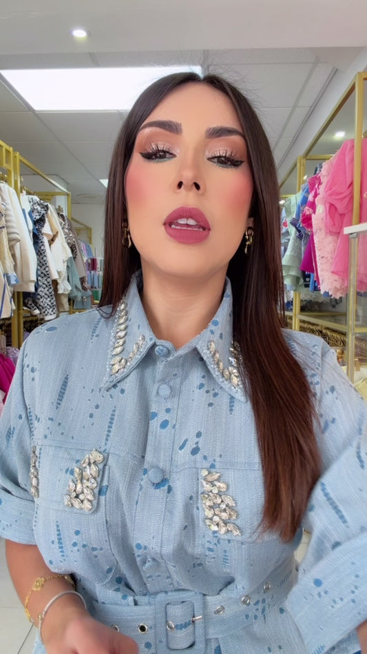 Blue Rhinestones Pant Set