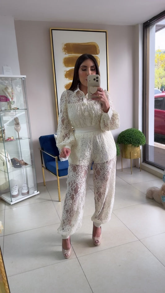 Cream Lace Jogger Set