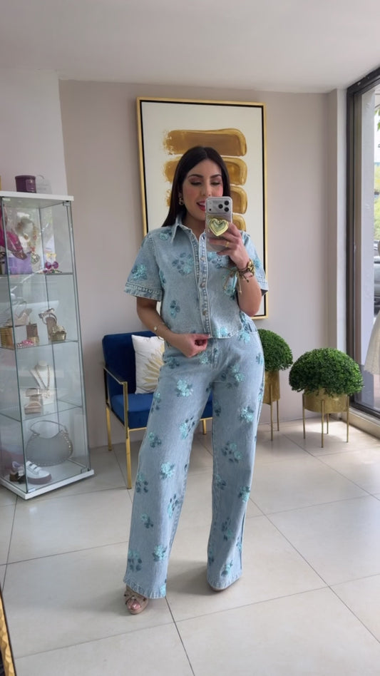 Floral Embroidery Denim Set