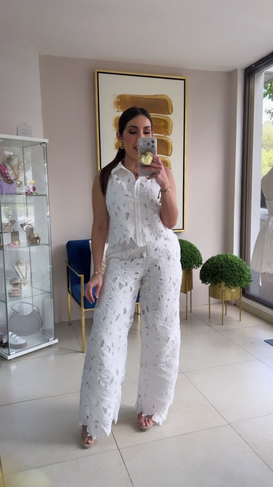 White Crochet Pant Set