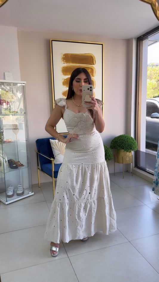Cream Flower Long Dress