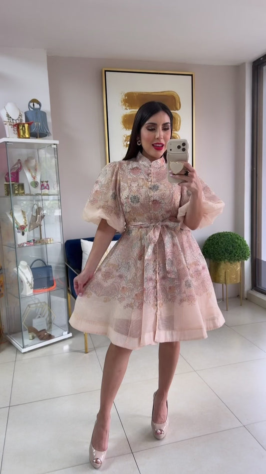 Beige Floral Short Dress