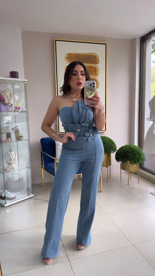 One Shoulder Denim Jumpsuit