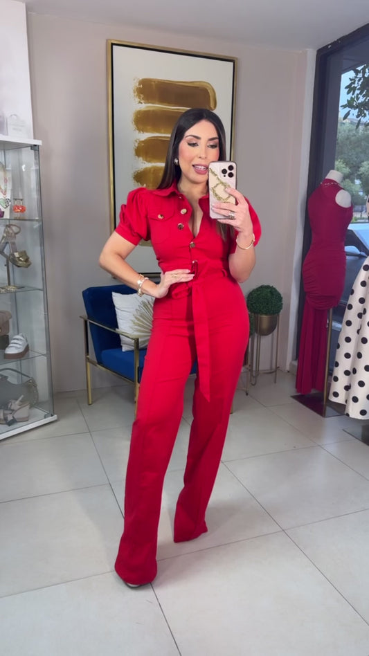 Red Gold Buttons Jumpsuit